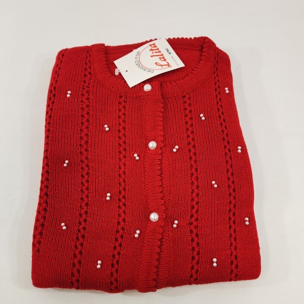 Lalita Red Cardigan Sweater with Poppies NEW Old Stock Size Large